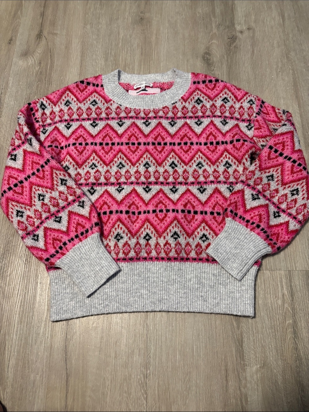 Northern Reflections Pink Fair Isle Crewneck Sweater with Gray Trim